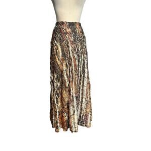 Reba brown yellow print pleated pull on boho maxi skirt size Large